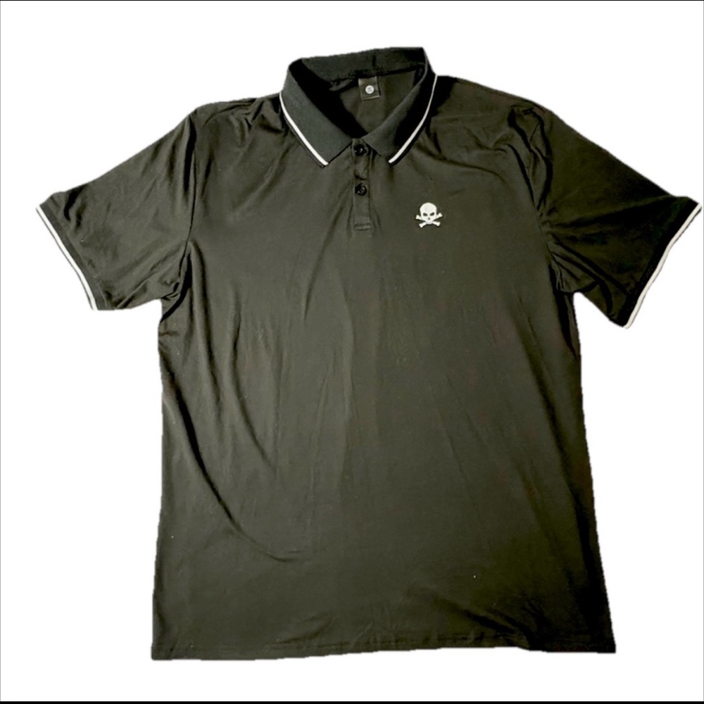 Men's Black & White Punk Tipped Polo Shirt Skull and Crossbones Rocker SZ 2XL